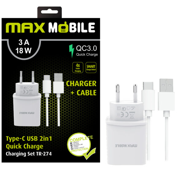 TR-274 PUNJAČ KUĆNI S KABELOM USB A-TYPE C MAXMOBILE TR-274