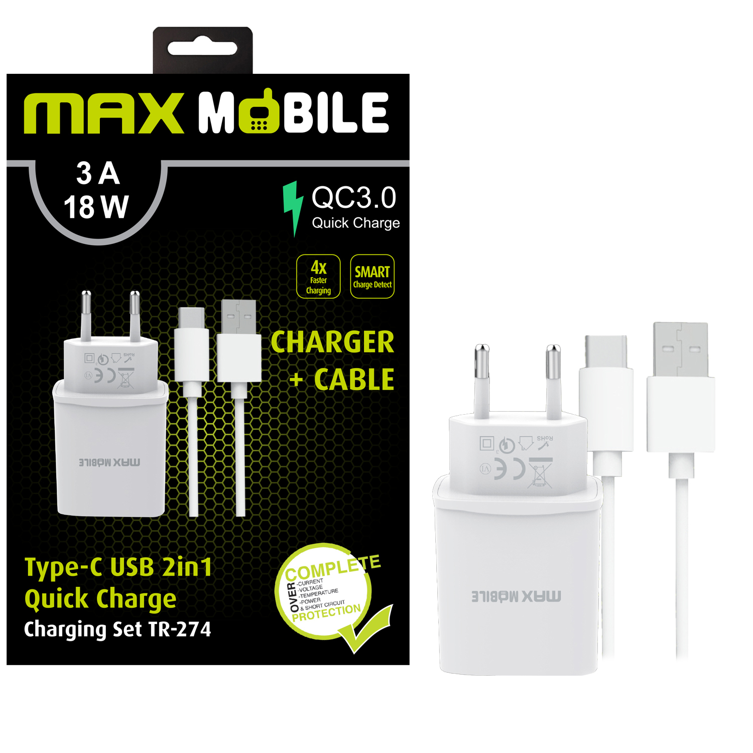 TR-274 PUNJAČ KUĆNI S KABELOM USB A-TYPE C MAXMOBILE TR-274