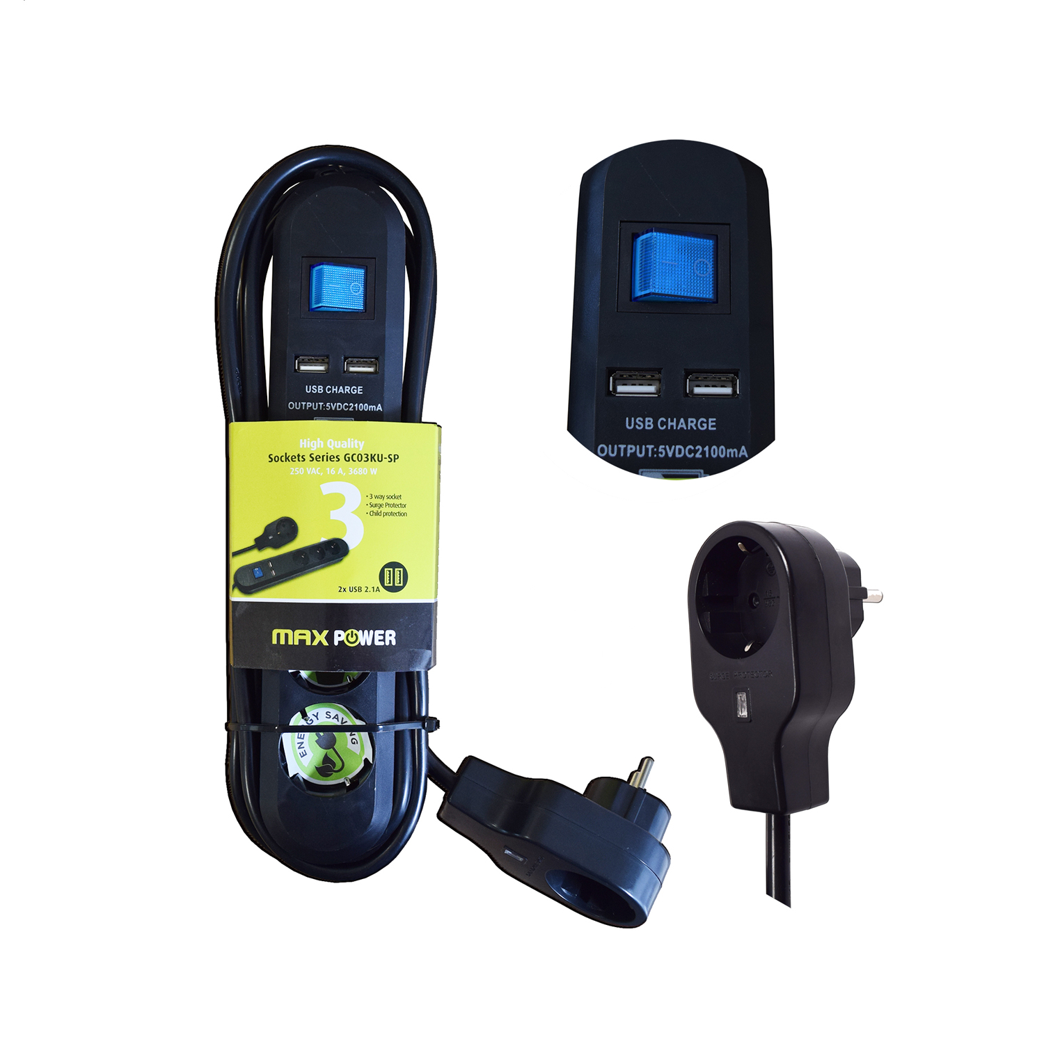 GC03KU-SP PRODUŽNI KABEL 4 UTIČNICE, 2 USB, 3m MAXPOWER GC03KU-SP