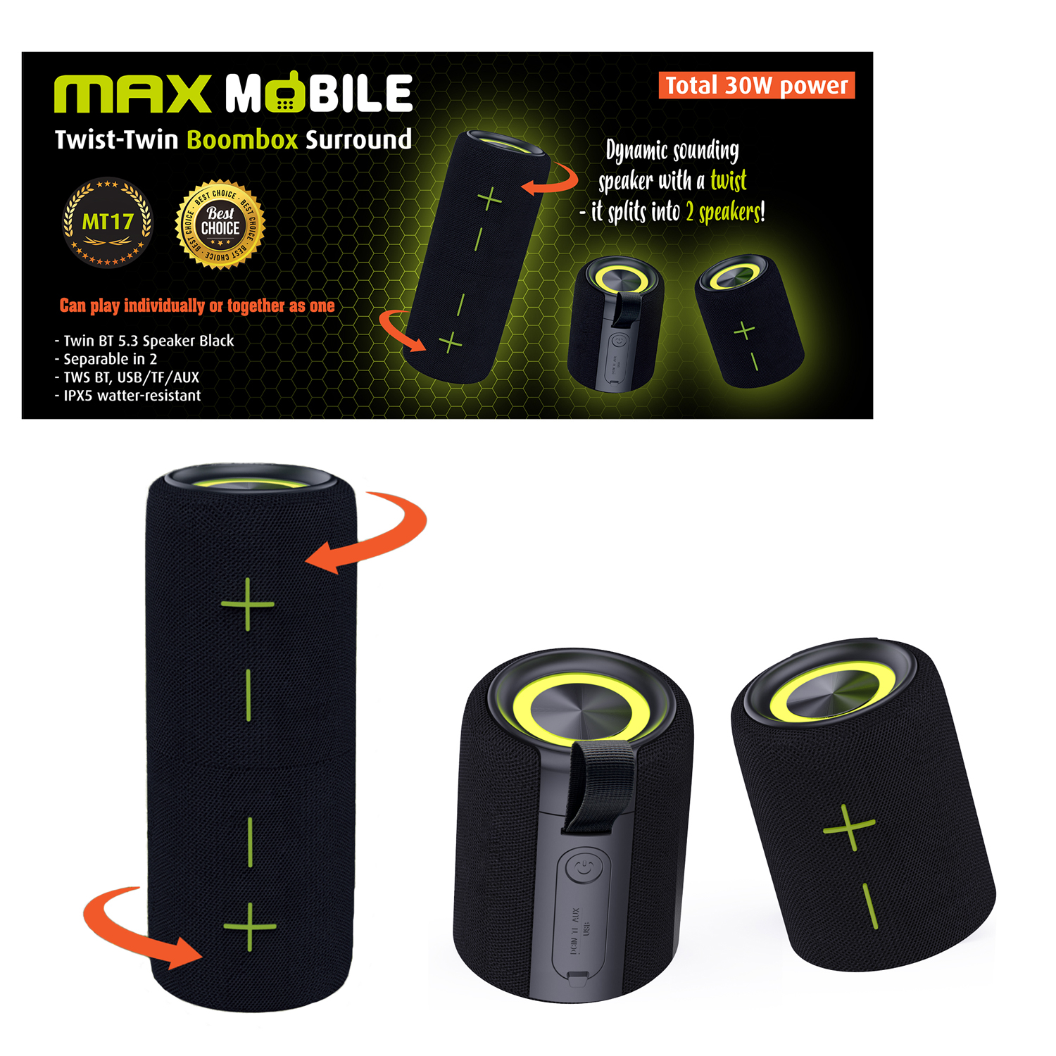 MT17 ZVUČNIK BEŽIČNI BLUETOOTH MAXMOBILE MT17 TWIST-TWIN BOOMBOX